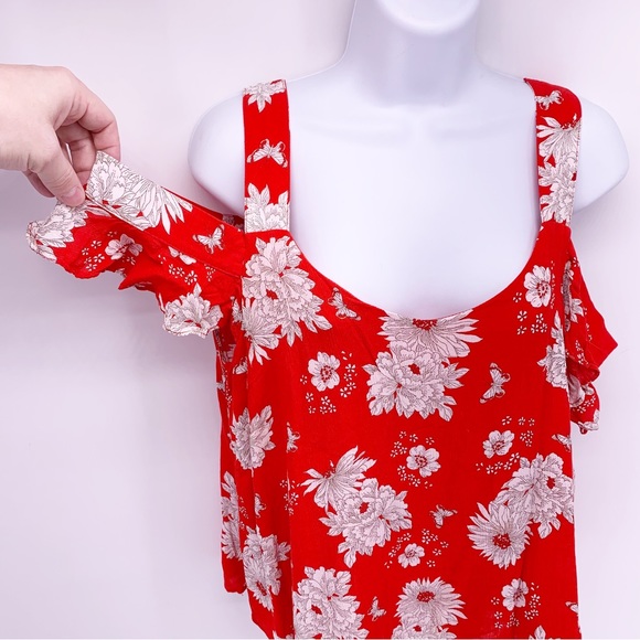 Skies Are Blue Red Floral Cold Shoulder Blouse Size Medium - Picture 2 of 7
